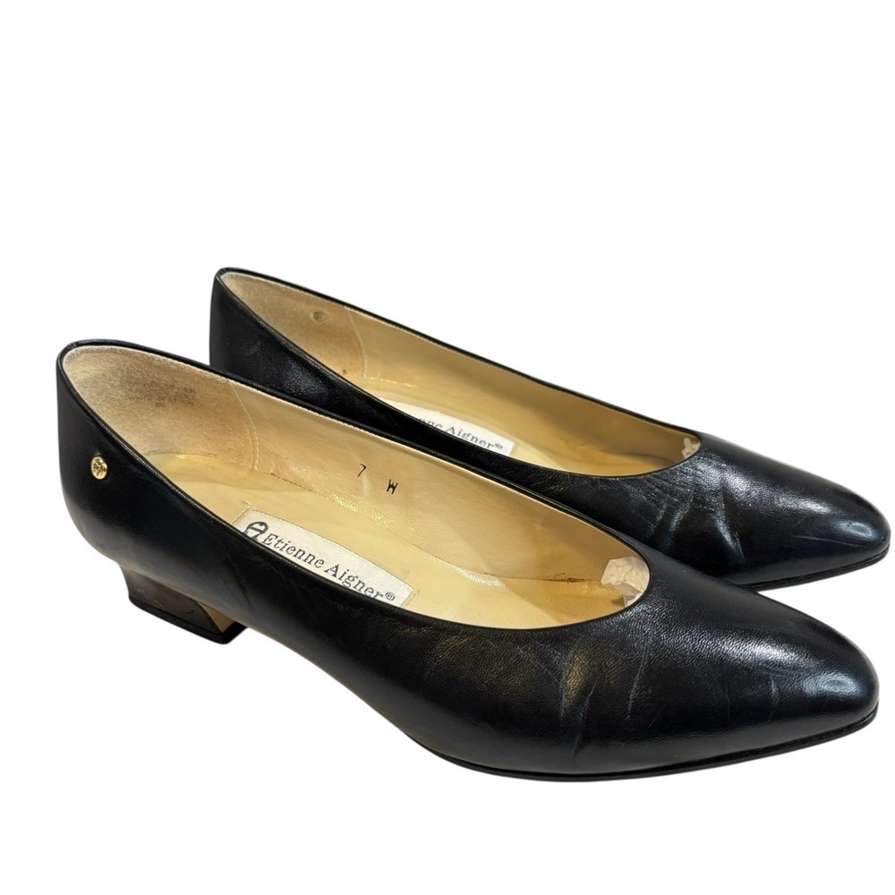 VTG ETIENNE AIGNER Size 7 W SARAH Heels Leather Made in Spain Block Heel Black